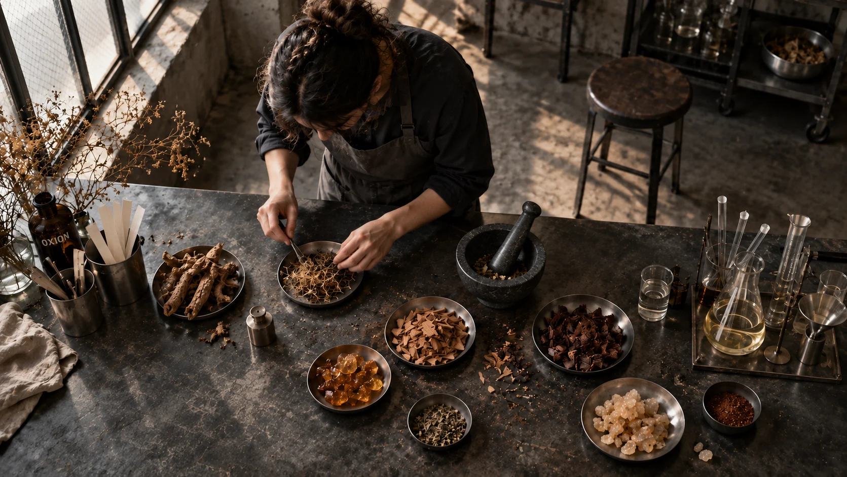 Mulher seleciona ingredientes botânicos no atelier